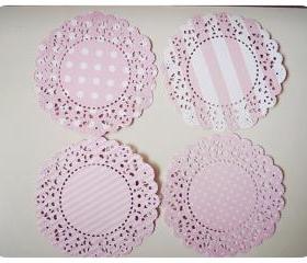 4 Parisian Lace Doily pink polka dot & stripe / pack 