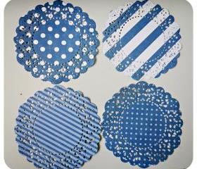 4 Parisian Lace Doily Dark Blue polka dot & stripe / pack 