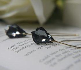 Swarovski Baroque Silver Night Crystal Earrings. Gold Long Ear Wire. Futuristic. Glamour. Classic Meets Cont