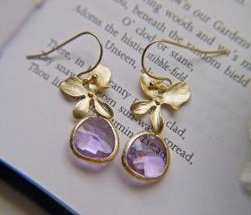 Sale. Gold Orchid Amethyst Glass Drop Earrings. Mothers Day Jewelry. Wedding Bridal Prom