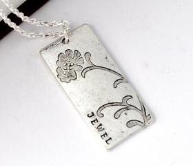 Oxidized silver tone flower bloom rectangle necklace, hand stamped personalized necklaces, custom hand stamped necklace by ZADOO