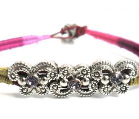 Friendship Bracelet, Leather Woven in multicolored cotton, Lavender crystal , Vineyard summer, 2012 trendy for her under 20