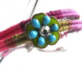 Friendship Bracelet, Leather Woven in multicolored cotton, Enamel crystal Flower, Vineyard summer, 2012 trendy for her under 20