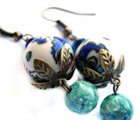Asian design porcelain earrings in blue and green