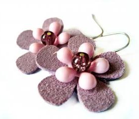 Pink and purple suede flower earrings