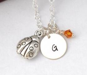 Initial Necklace Silver ladybug Charm Personalized Initial Necklace cute 3D lady bug by ZADOO