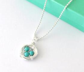 turquoise Silver Robin's Eggs nest Necklace, egg necklace