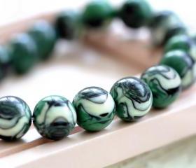 Vintage Green Black Cream Swirled Round Lucite Beads