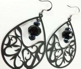 Teardrop Black Crystal Earrings Gun Metal Dark Statement Jewelry