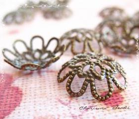 6 Brass Bead Caps, Flower, Antique Bronze 17x5mm, Hole: 1mm Lead Free