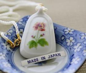 Vintage White Porcelain Floral Pendant with Silk Cord Necklace