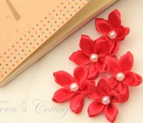 Red Satin Ribbon Flower - Handmade - Wedding Decoration - Applique -10 PCS