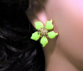 SALE Peridot Green Flower Earrings - Post Earrings - Green Flower Earrings