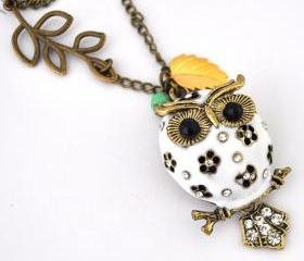 white owl necklace antique bronze necklace vintage style leaf necklace long necklace