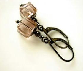 Rustic Vintage Rose Swarovski Crystal Gunmetal Bridal Earrings