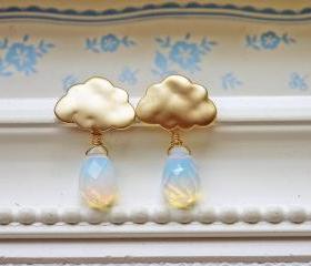 Matte Gold Rain Cloud Earrings. Rain Drops. Rainy Season
