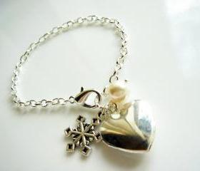 Snowflake Swarovski Pearl and Heart Locket Bracelet