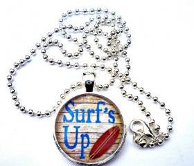 Beach jewelry. Surfs up. Surfing pendant. 1 inch metal & glass pendant. Surf Photo image silver ball chain necklace. Gift wrapped. Beach necklace.