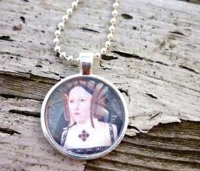 Tudor Necklace. 1 inch round glass pendant. Silver metal bezel frame. Katherine of Aragon. photo Pendant. Glass Pendant necklace.