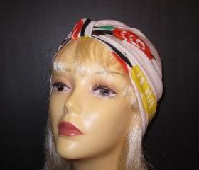 White with Retro Flowers in Brown Orange Yellow Stretch Knit Chemo Turban Hat Hijab-Free Shipping in the USA