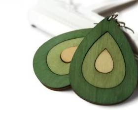 Green Wood Earrings in Teardrop Shape. Green and Beige Big Statement Earrings.Nickel Free Hooks.