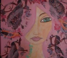She Knows....-Original mixed media painting and collage on canvas 25x30cm by a Pink Dreamer
