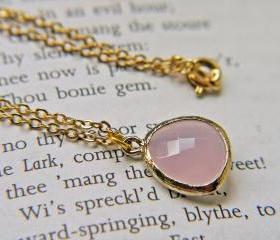 Sale. Pink Opal Glass Pendant Necklace In Matte Gold.
