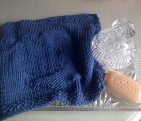 100% Cotton Wash Cloth or Dish Cloth - Mid Blue with Moon and Star - Knitted in Scotland