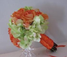 Real Touch Silk Bridal Bouquet - Orange and Green Roses and Hydrangea