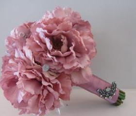 Silk Bridal Bouquet - Antique Rose Peonies with Rhinestones