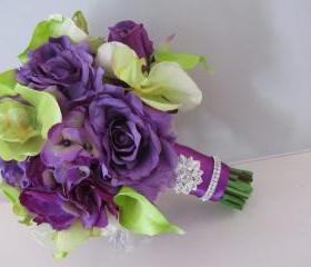Real Touch Silk Bridal Bouquet - Purple and Green Orchids, Calla Lilies, Roses and Hydrangea with Rhinestone Accents