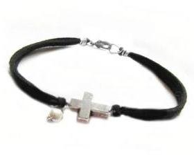 Silver Cross Bracelet Wire Wrapped Black Leather Suede Dangle Bead Jewelry Birthday wedding