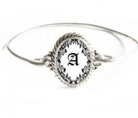 Wire Wire Initial Bracelet Silver Wire Wrapped Bangle Jewelry Black & White