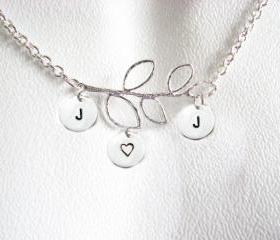 3 Initial Leaf Necklace Personalized Hand Stamped Pendant Chain Jewelry choice aluminum brass bronze