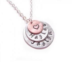 Triple Custom Hand Stamped Name Necklace Heart Custom Personalized Pendant mother