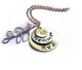 3 Leaf Hand Stamped Layered Necklace Personalized Birthstone Bead Charm Bronze Chain