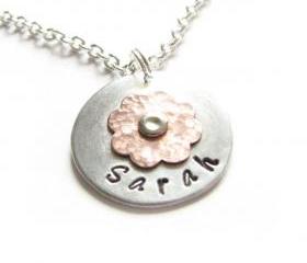 Riveted Hammered Flower Necklace Two Tone Copper Personalized Hand Stamped Pendant chain
