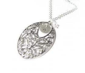 Flower Initial Necklace Personalized Hand Stamped Pendant Floral Crystal Bead Charm wedding birthday girlfriend