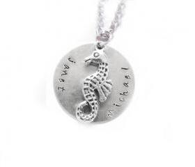 Silver Seahorse pendant Hand Stamped Necklace Personalized Jewelry chain choose Aluminum or Brass or Copper