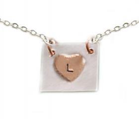 Copper Heart Square Initial Necklace Customize Hand Stamped Hammered Personalized Pendant Wedding Birthday