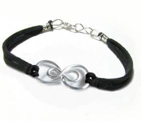 Silver Double Infinity Bracelet Wire Wrapped Black Leather Suede Jewelry