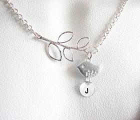 Sterling Silver Bird Initial Leaf Necklace Personalized Hand Stamped Pendant Chain Jewelry leaf
