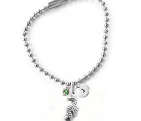 Seahorse Initial Anklet Hand Stamped Charm Anklet Bracelet Bead Customize Choice of Aluminum Brass Copper