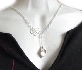 Calla Lily Lariat Leaf Necklace Silver Filled Chain Pearl Charm Pendant Jewelry