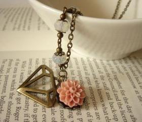 Diamonds and Floral Milky White and Antique Bronze Necklace