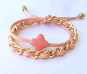 Coral Peach Pastel Double Wrap Summer Bracelet Gold Chain Coral Crosslet July Trend