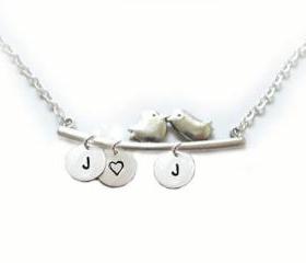 2 Bird Initial Necklace Custom Metal Hand Stamped Pendant Personalized Jewelry Charms