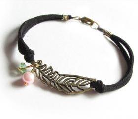 Open Leaf Wire Wrapped Bracelet Black Leather Suede Bronze Leave Jewelry with Pearl and Bead charms