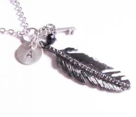 Crystal Leaf Initial Necklace Hand Stamped Key & Bead Charm Pendant Personalized Jewelry silver plated chain
