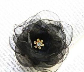 Black Organza Flower Hair Clip and Brooch